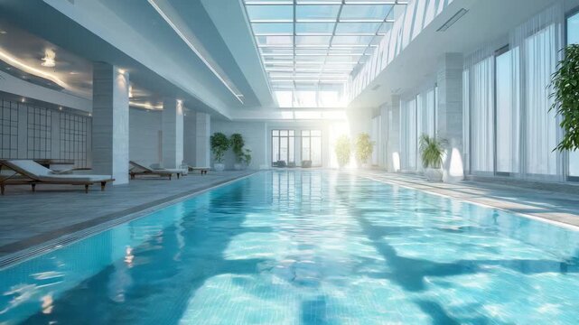 clear blue water in big indoor pool in luxury home animation