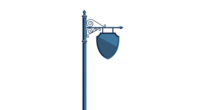 Ornate dark blue metal signpost with a blank shield shaped sign hanging from a decorative bracket on a white background.