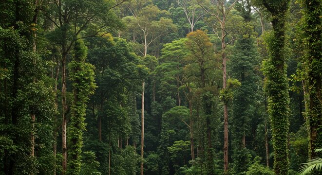 Dense tropical rainforest with tall trees.