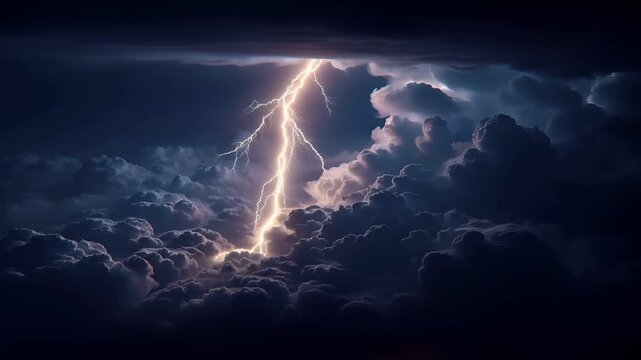 Fantasy wallpaper. A dramatic depiction of a stormy sky. A lightning bolt strikes through the clouds, illuminating the sky with a bright, fiery glow. The clouds are a mix of dark and light shades.