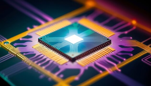 An integrated photonics chip made from semiconductor materials, with light passing through it to demonstrate its use in optical communications, under natural lighting, created with generative ai