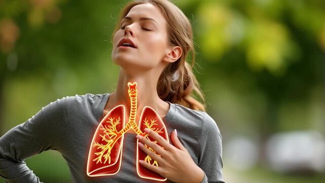 Difficulty Breathing: A woman clutches her chest, her face contorted in discomfort as an illustrative overlay highlights inflamed lungs and airways, symbolizing respiratory distress.