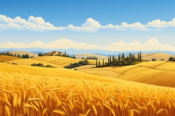 Fototapeta premium Golden wheat fields stretching across rolling hills with distant farmhouses under a blue sky