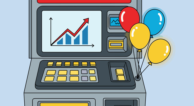 Graphic illustration of an automated teller machine showing a rising growth chart on its screen with colorful festive balloons on the side.