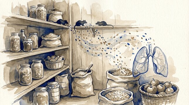 Rodent Contamination Hazard, Watercolor Depiction of Contamination in a Storage Area
