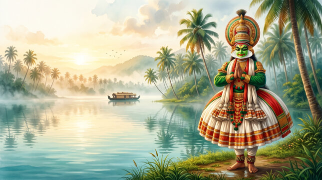 Kathakali Performer beside Kerala Backwaters Landscape for Onam Festival Heritage and Cultural Greeting