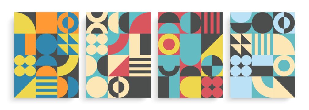 Bauhaus Style Abstract Posters Collection. Color geometric shapes. Set of backgrounds for modern creative graphic design. Vector illustration.