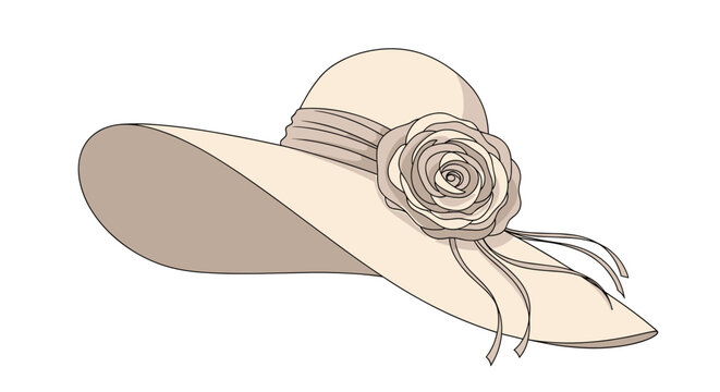 Elegant wide-brimmed ladies sun hat in a cream color featuring a large decorative rose flower and delicate ribbons.