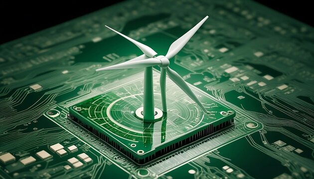 An intricate circuit board displays a wind turbine graphic, symbolizing green energy and advanced technology, created with generative ai