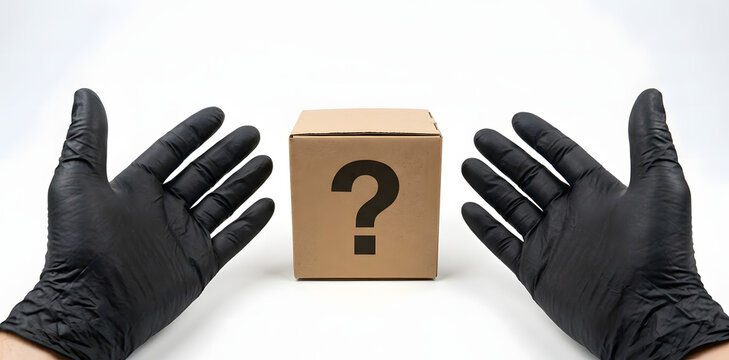 Hands in black gloves presenting a cardboard box with a question mark isolated on white background