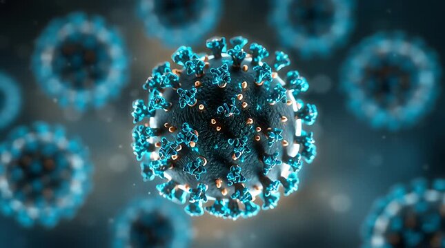 Microscopic view of a SARS-CoV-2 virus particle, the cause of COVID-19, showing its characteristic spike proteins.