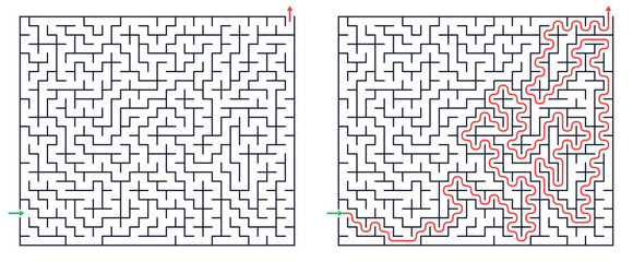 Obraz premium Maze puzzle with solution path drawn in red on grid background 