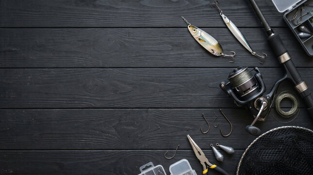 Professional fishing equipment arranged on rustic dark wooden surface with artificial bait and spinning reel, flat lay outdoor concept.