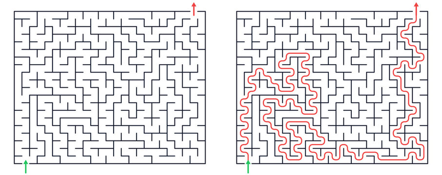 Maze puzzle with solved path and unsolved path in black and red  