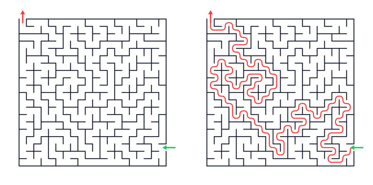 Maze pattern with path highlighted in red on white background  