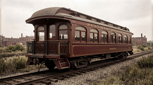 Vintage pullman palace car train carriage on tracks in an industrial area