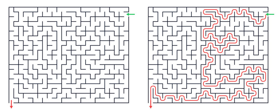 Maze puzzle design with solution path marked in red lines  