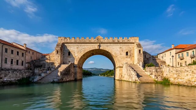 A serene eye-level shot of an ancient stone bridge spanning a calm river with buildings on either side under a blue sky.