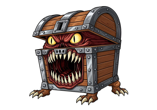 A menacing wooden treasure chest monster with sharp teeth and glowing yellow eyes.