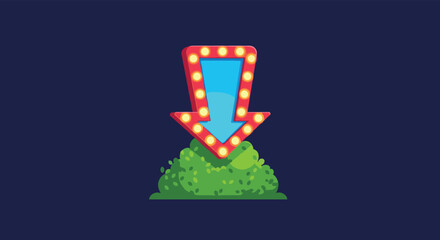 Obraz premium Bright red arrow sign decorated with glowing marquee lights pointing down into a lush green bush on a dark navy blue background for emphasis themes.