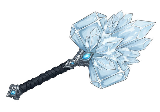 A magical warhammer crafted from jagged blue ice crystals and dark metal.