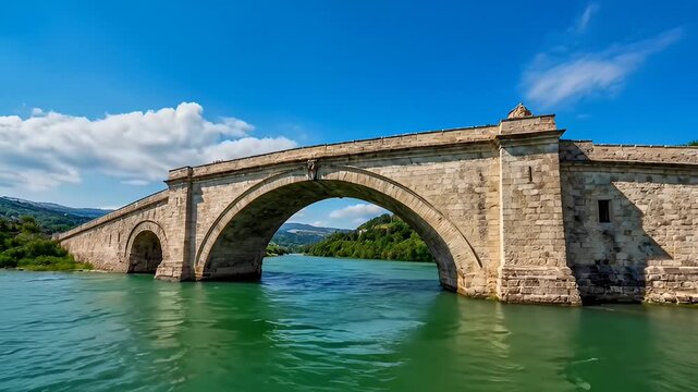 Ancient stone bridge spans across a serene green river under a clear blue sky with lush trees on the horizon.