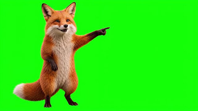 Realistic 3D fox pointing to the side and explaining, presentation concept isolated on chroma key green screen background
