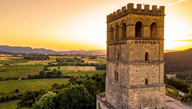 Ancient stone tower overlooking a lush green valley at sunset.