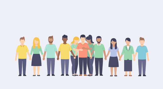 Diverse group of people standing in a row holding hands together.