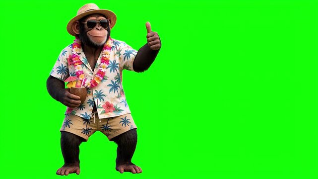 Realistic 3D chimpanzee giving thumbs up gesture with subtle smile, isolated on chroma key green screen background. Real animal character. Photorealistic.