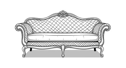 Naklejka premium Detailed line art drawing of a luxurious antique sofa with a tufted backrest and decorative wooden legs for classic furniture design.