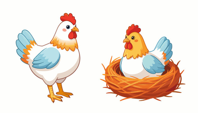 Two Cartoon Chickens One Standing Beside Nest the Other Sitting Inside