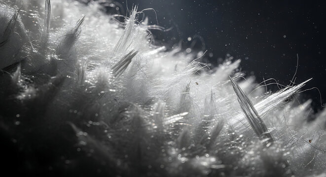 Macro View of Hazardous Raw White Asbestos Fibers with Airborne Dust Particles Illustrating Health Risks Lung Disease Exposure and Professional Abatement Services