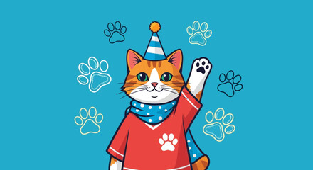 Cartoon Cat Wearing Party Hat and Shirt Waving Paw © suisnawati