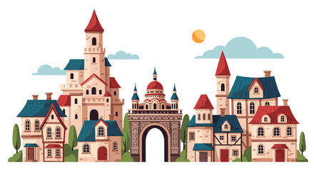 Fototapeta premium Picturesque town square illustration with traditional buildings, an ornate archway, and small trees under the sun.