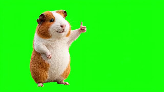 Realistic 3D guinea pig giving thumbs up gesture with subtle smile, isolated on chroma key green screen background. Real animal character. Photorealistic.