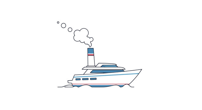 Modern white yacht or cruise ship cruising through the ocean with smoke puffing from its tall exhaust chimney.