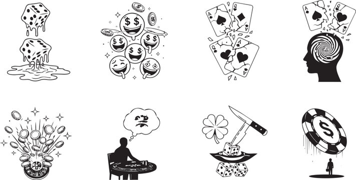 Mental Health and Gambling Addiction Risk Awareness Icon Set
