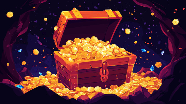 An open treasure chest overflowing with gold coins, with gems and a starry night backdrop