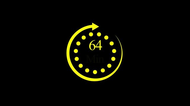 White color circle arrow refresh icon and 64 min timer icon.minutes stopwatch icon. Stopwatch icon in flat style.
