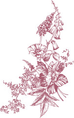 Fototapeta premium Toile de Jouy is a sweet monochrome bouquet of lush garden flowers and berries in a traditional French style. This vintage-style line art illustration is perfect for wedding designs, birthday cards