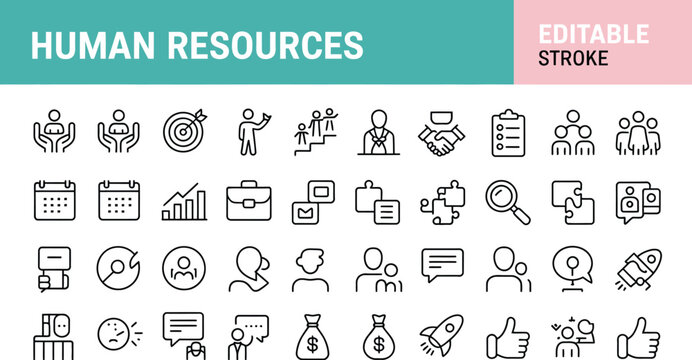 HR Management Icons, Recruitment Workforce Training Communication and Business Growth Symbols Editable Stroke Design Set