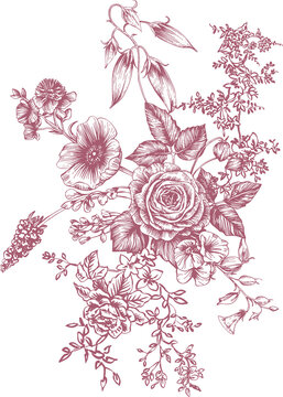 Toile de Jouy is a sweet monochrome bouquet of lush garden flowers and berries in a traditional French style. This vintage-style line art illustration is perfect for wedding designs, birthday cards