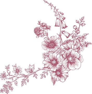 Toile de Jouy is a sweet monochrome bouquet of lush garden flowers and berries in a traditional French style. This vintage-style line art illustration is perfect for wedding designs, birthday cards