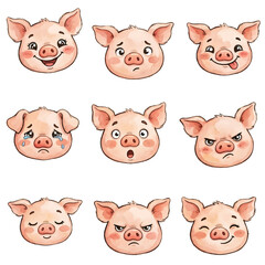 Fototapeta premium Cute funny pig cartoon animal faces set with vector icons