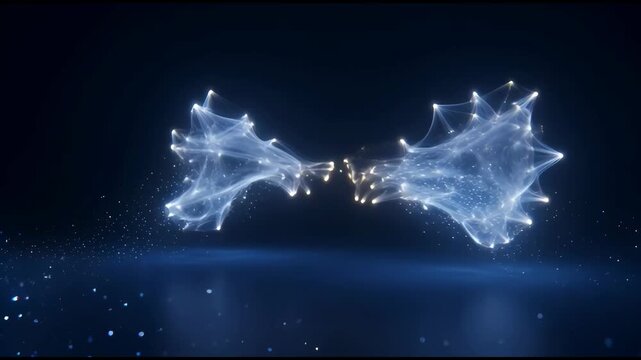 Glowing blue particles moving in sync to form complex geometric clusters and flowing light energy patterns