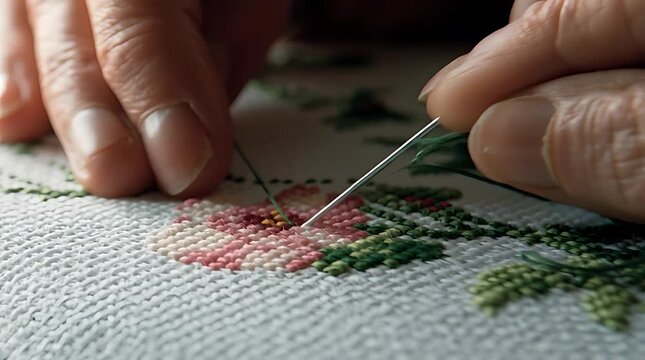 Close-up of hands performing intricate needlepoint embroidery on a floral pattern.