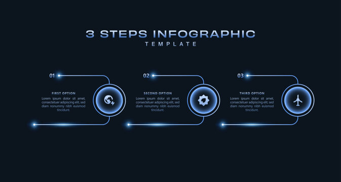 Minimal 3 step infographic template with futuristic blue glow, digital workflow presentation, modern business process visualization, clean technology vector diagram layout Modern style pack pro.