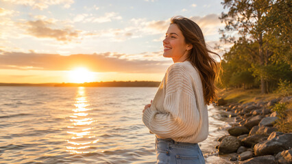 Obraz premium A serene woman enjoying a sunset by the water, embodying tranquility and appreciation for nature's beauty.