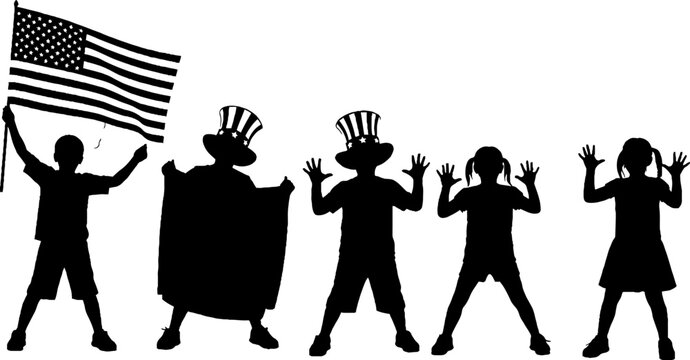 Patriotic children celebrating with flag and uncle sam hats